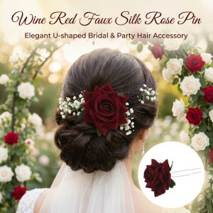 Wedding Bridal Hair Fork Artificial Rose-flower U Shape Silk Flower Hair Pin Handmade Hair Accessory for Women Party Photo