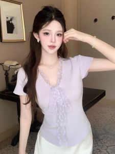 GUZILIAN | เสื้อยืดคอกลมแขนสั้นผ้าลูกไม้สไตล์เกาหลีสำหรับผู้หญิงในฤดูร้อน เสื้อเชิ้ตชั้นในเข้ารูป เสื้อผ้าทำงาน เสื้อผ้าทำงาน