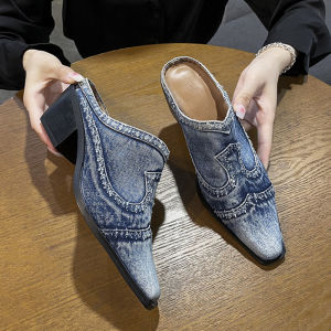 DIANCHA | Trendy Womens Denim Slide Sandals Closed Toe Mid Heel