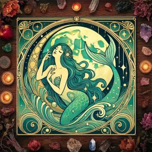 VIKAMA Art Nouveau Nàng Tiên Cá Mặt Trăng Tarot Thẻ Bàn Thờ Vải Năng Lượng Đại Dương Bói Toán Thảm Chống Thấm Nước Có Thể Giặt Bằng Máy Thảm Thiền