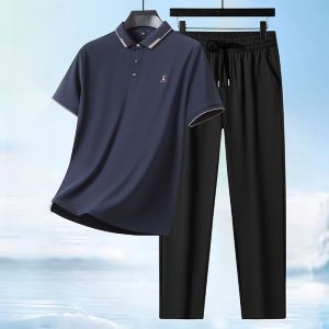 ROMON | Romon Ice Silk Short Sleeve Casual Set Thin Summer Polo Shirt And Long Pants Two Piece Set For Fathers Day Youth Fashion