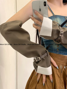 Millennium Y2K Trendy Long Sleeve Hand Covers Lunar Girl Original Design Spicy Girl Autumn Spring Turn-down Collar Chocolate Brown