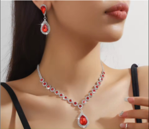 Middle Eastern Hot Sell Elegant Crystal Rhinestone Water Drop Necklace with Earring and Bracelet Jewelry Sets (Red Rhinestone))