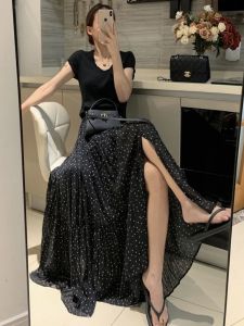 Retro Polka Dot Asymmetrical Hem Long Skirt Womens Stylish Summer Design High Waist Slimming Black Large Swing Skirt