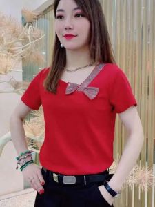 Áo Thun Tay Ngắn Thời Trang Mùa Hè 2025 Có Nơ Bướm Đính Đá Cho Phụ Nữ Trung Niên Áo Thun Ôm Vừa Vặn Áo Thun Thường Ngày