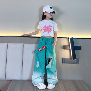Girls Gradient Denim Jeans Summer Style Ripped Wide Leg Pants Trendy Childrens Clothing Cotton Blend Comfortable Long Trousers