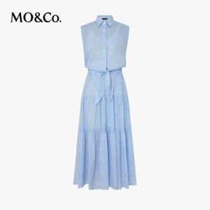 MO&Co. | Đầm Vai Rộng Cổ Bầu Dây Nịt eo Cao Vải Linen Cotton Sọc Xanh Trắng