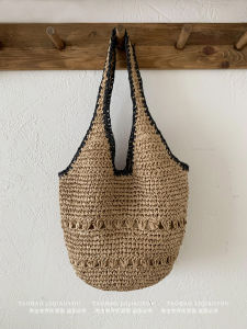 Li Qiao You Large Capacity Straw Woven Bucket Bag Womens Summer Travel Handbag Shoulder Bag Korean Style Versatile Beach Vacation Bag