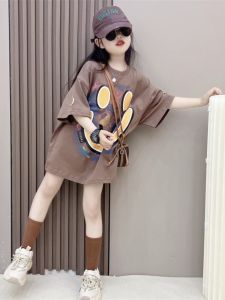 Girls Summer Short Sleeve Smiley Face Dress Loose Casual Style Childrens Top Midi Length Korean Version T-shirt for Kids