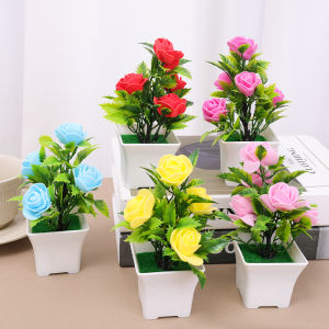 กระถางดอกกุหลาบปลอมพลาสติกพืชจำลองการตกแต่งบ้านดอกไม้ประดิษฐ์ของตกแต่งห้องนั่งเล่นบ้าน5ดอกกุหลาบส่วนหัว