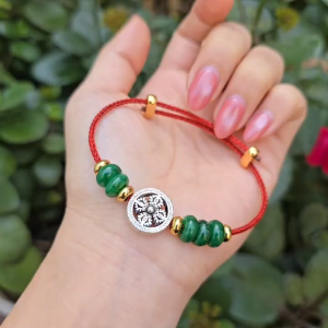 Q2412 Vòng ngũ điếu Cẩm Thạch Sơn Thủy mix charm Bạc Thái bánh xe pháp luân dây cáp khóa rút freesize - Phong Thuỷ TUDO P