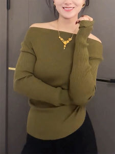 QINGNAER | French Style Slimming Off Shoulder Knit Sweater
