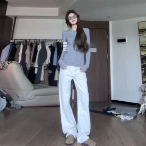 White High Waist Loose Wide Leg Jeans Women Early Autumn 2024 New Slim Straight Small Size Floor-Length Pants