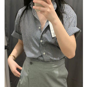 Vintage Cotton Loose Fit Short Sleeve Shirt for Women Summer 448812 Single Row Button Up Crewneck Plaid Pattern Work Clothing