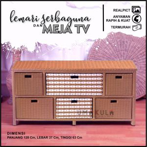 LEMARI RAK 6 JASMIN Std MOTIF LORENG WARNA WARNI ROTAN SINTETIS 6 KOTAK LACI +VARIASI WARNA Murah / Buffet Rattan 2 Susun Samping / Meja Tempat TV dan DVD Rottan Minimalis P128 X L37 X T 63/ Lemari Antik Serbaguna Klasik Tradisional Model Terbaru 2023