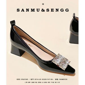 รองเท้าส้นสูงหัวแหลมหนัง PU สำหรับผู้หญิง ฤดูใบไม้ร่วง 2025 รองเท้าส้นหนาสีดำแบบลำลอง รองเท้าส้นเตี้ยแบบสวมสบาย