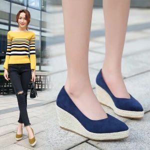 Spring Autumn 2023 Womens Wedge Heel Single Shoes Thick Bottom Waterproof Platform Grass Woven High Heels Pointed Toe Slip-On