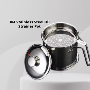 YU Ready Stock 1.3L 304 Stainless Steel Stainless Steel Filter Oil Pot With Filter Screen Large Capacity Kitchen Oil Storage Filter with Anti-scalding Handle and Coaster Tray