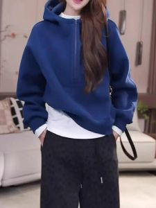 Blue Hooded Sweatshirt Womens plus Size Loose Slimming Cover Belly Half Zipper Autumn Winter Fashion Casual Comfortable Top