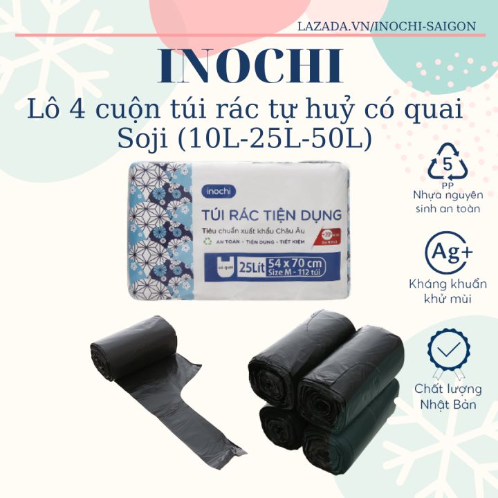 Lô 4 cuộn túi rác tự huỷ có quai tiện dụng Inochi Soji (dung tích 10L ...