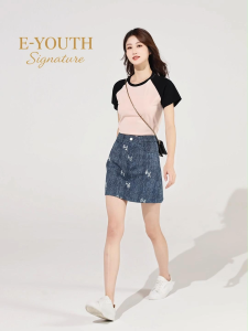 E-YOUTH Signature Embro Denim A-Line Skirt-eys5004