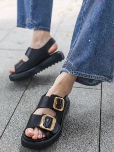 T-Home Potato Thread Womens Sandals Summer Outdoor Wear Genuine Leather Slippers Beach Shoes Thick Bottom Anti-slip Womens Footwear