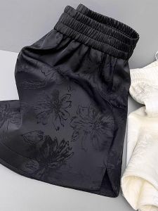 Black Embroidered Satin Casual Shorts Womens Large Size Ice Silk A-Line Wide Leg Hot Pants Commute Style High Waist Shorts