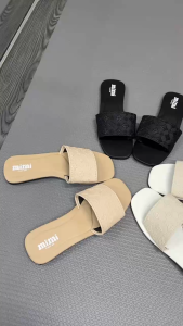 Slide Sandals Black White Beige Square Toe Embossed Strap Casual Flat Shoes