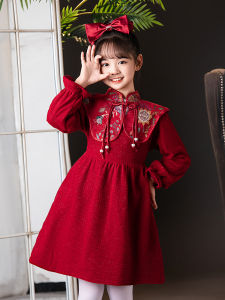 Princess Dress Winter Outfit Girls Cheongsam New Year Visit Clothes Red Skirt Childrens Clothing Soft Polyester Fabric A-Line Skirt