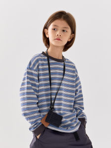 Áo Thun Nam Tay Dài Rộng Rãi Màu Xanh Sọc Mùa Xuân Thu Phong Cách Thường Ngày Bằng Vải Cotton Cho Trẻ Em