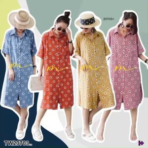 TW20703  เดรสคอโปโลแขนสั้น ลายดอกไม้ ..