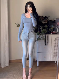 High Waist Pencil Jeans Womens Slimming Leg Lengthening Cowhide Jeans Cotton Elastic Denim Retro Washed Spring Season Ladies