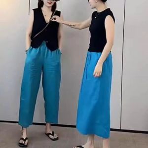 กางเกงขายาวทรงหลวมเอวสูงผ้าฝ้ายลินินสีน้ำเงินสไตล์ย้อนยุคสำหรับผู้หญิงในช่วงฤดูร้อน กางเกงขายาวทรงตรงบางใหม่ กางเกงขายาวทรงหลวมสบายๆ