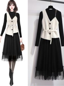 Autumn Long Dress Set Three Pieces Korean Style Knitted Sweater Skirt with Vest Elegant Ladylike High Waist A-Line Gown