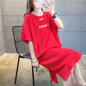 Nibby Pure Cotton Red Slip-On Dress New Summer 2024 Fashion Short Sleeve Mid-Length T-Shirt Skirt Loose Over-Knee Long Dress