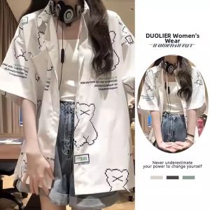 Retro American Bear Print Short Sleeve Shirt Women Summer New Lazy Style Top Small Size Trendy Polyester Casual Loose Fit