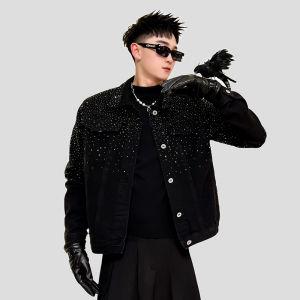 Oboy Mens Denim Jacket with Hotfix Rhinestones Stylist Fashionable Cool Brand Personality Trendy Top for Spring Autumn