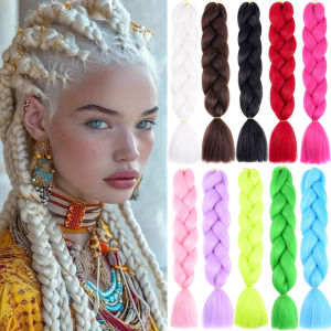 24 นิ้วผมสังเคราะห์ถักต่อผมออมเบรสีรุ้งผสมสียาวตรง DIY กล่องจัมโบ้ถักผมโครเชต์ผม