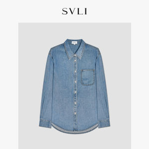 SVLI Denim Freezer Vintage Washed Super Soft Lyocell Draped Paper Man Denim Shirt Casual Loose Fit Long Sleeve Collared