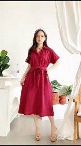 Helloshop - Casual Dress Wanita Doona Slit Button Plaid Midi Dress Wanita Linen Premium