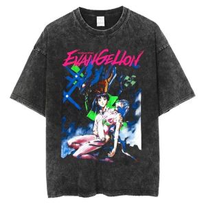 BANDAI | Anime Eva Vintage Washed Áo Thun Nam Dáng Rộng Mùa Hè Tay Ngắn In Hình Tee Cho Nữ Harajuku Y2k Phong Cách Tập Gym Quần Áo Hàng Đầu