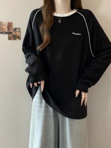 เสื้อยืดแขนยาวสไตล์อเมริกัน ทรงหลวม คอกลม แขนยาวปกติ แฟชั่นฤดูใบไม้ร่วง สำหรับผู้หญิงไซส์ใหญ่