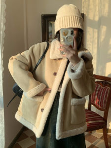 Elegant Womens Winter Coat Thickened Deer Skin Velvet Lamb Fur Integrated Fur Jacket Long Sleeve Commute Style Korean Version