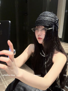 Black Lace Hollow out Butterfly Knot Winter Hat Womens Elastic Head Wrap Sparkling Mini Flash Korean Style Street Fashion Hat