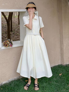 White Polo Collar Shirt Dress Commute Elegant Simple Womens Long Dress High Waist A-Line Skirt Short Sleeve Summer New