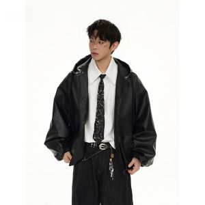 HetingHOME | Hetingghome Autumn Trendy Couple Motorcycle Jacket Loose Mens Leather Coat Hooded Outerwear Casual Youth Polyester Fiber