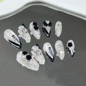CHUBEISHI | Black Almond Bow Handmade Flower Nail Extensions