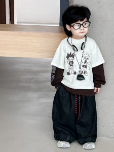 Boys Fake Two-Piece T-Shirt Spring Autumn Style Casual Loose Fit Cotton Polyester Blend Long Sleeve round Neck Base Shirt