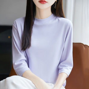 YUEXINYIRONG | Cotton Half High Neck Three Quarter Sleeve Loose T-Shirt