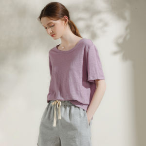 Miccbeirn | Miccbeirn Summer Loose Pure Linen Knitted T-Shirt Thin Comfortable Solid Casual Short Sleeve Womens Top Round Neck Design